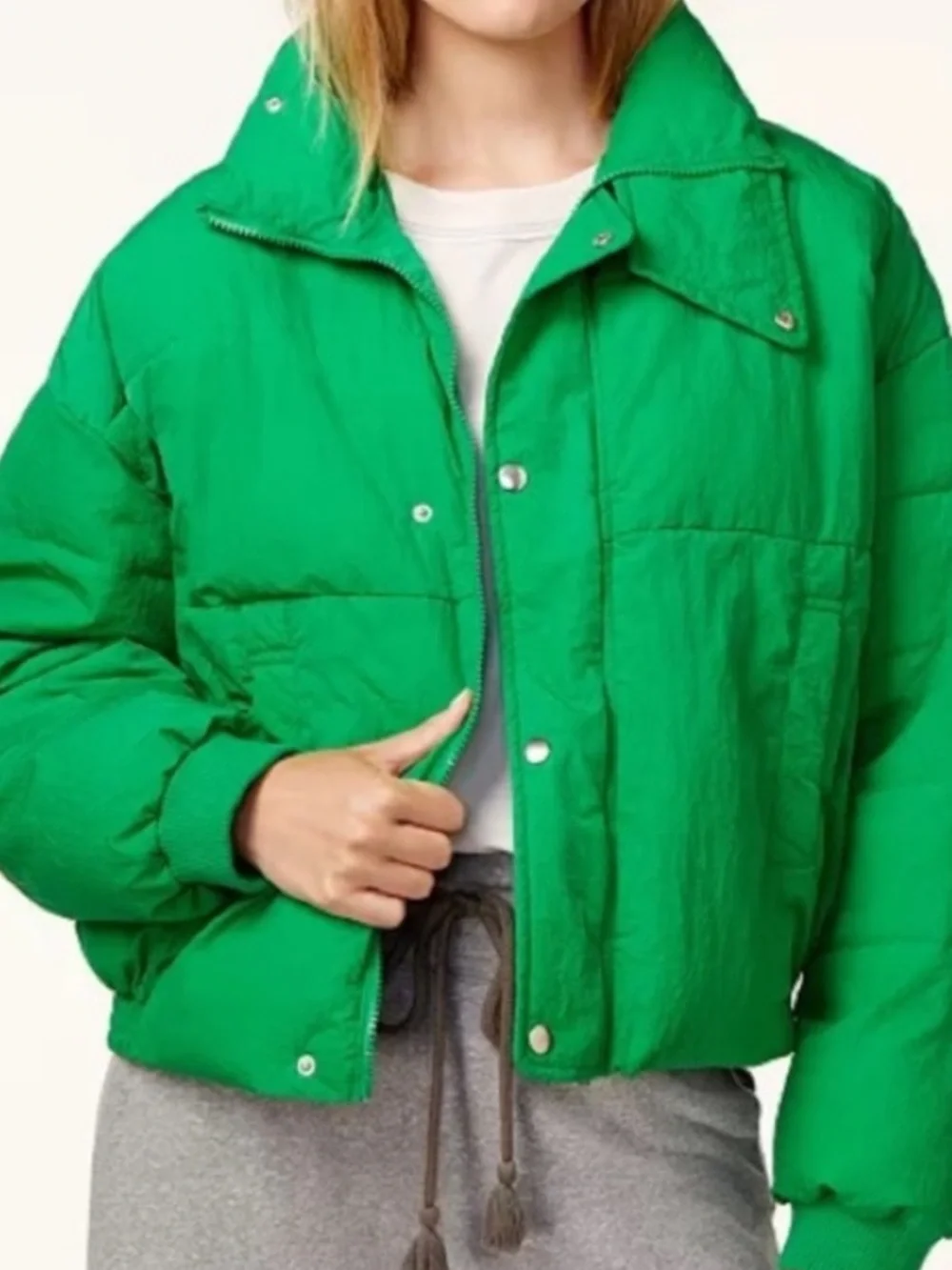 Free People Cold Rush Slouchy Cropped Puffer Coat Green Drawstring Jacket S